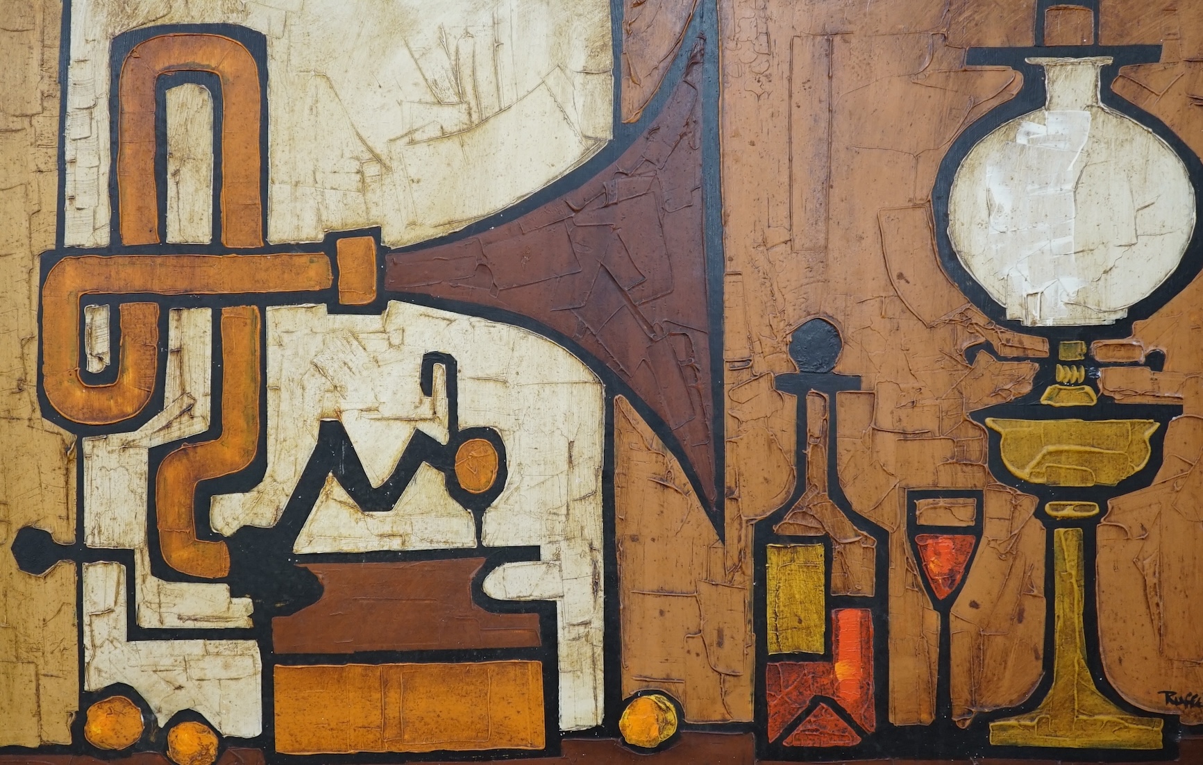 Colin Ruffell (b.1939), oil on board, Still life of a gramophone and vessels, signed, 59 x 92cm, unframed. Condition - fair, some minor chipping to the edges